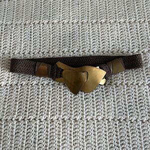 The Leather Shop Vintage Abstract Brass Metal Stretchy Accent Waist Belt Brown